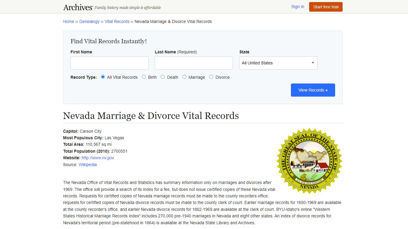Nevada Marriage & Divorce Records | Vital Records - Archives.com
